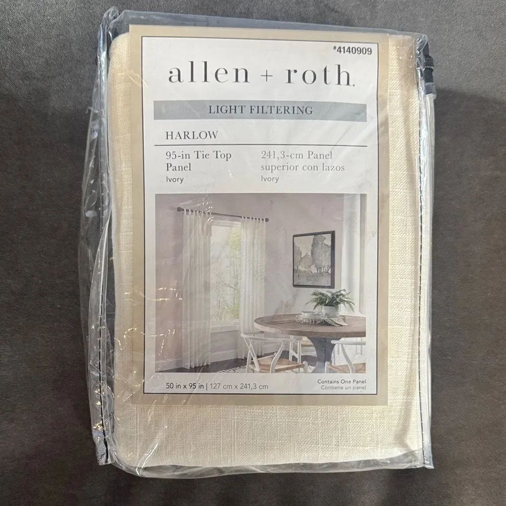 Allen + Roth Harlow Ivory Light Filtering Tie Top ONE Curtain Panel 50x95” NEW